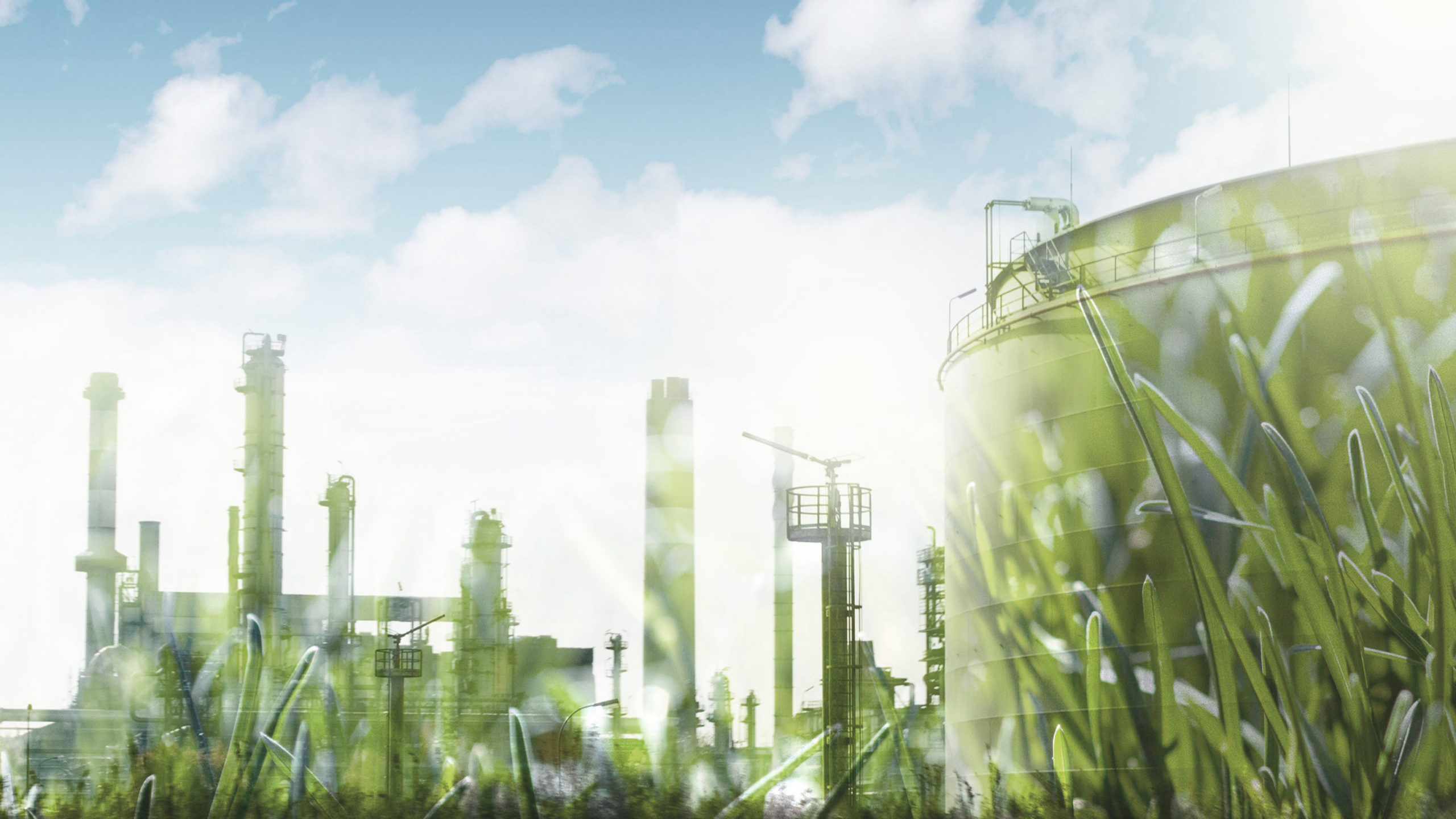 Green industrial development concept with grass of factory. Eco power production